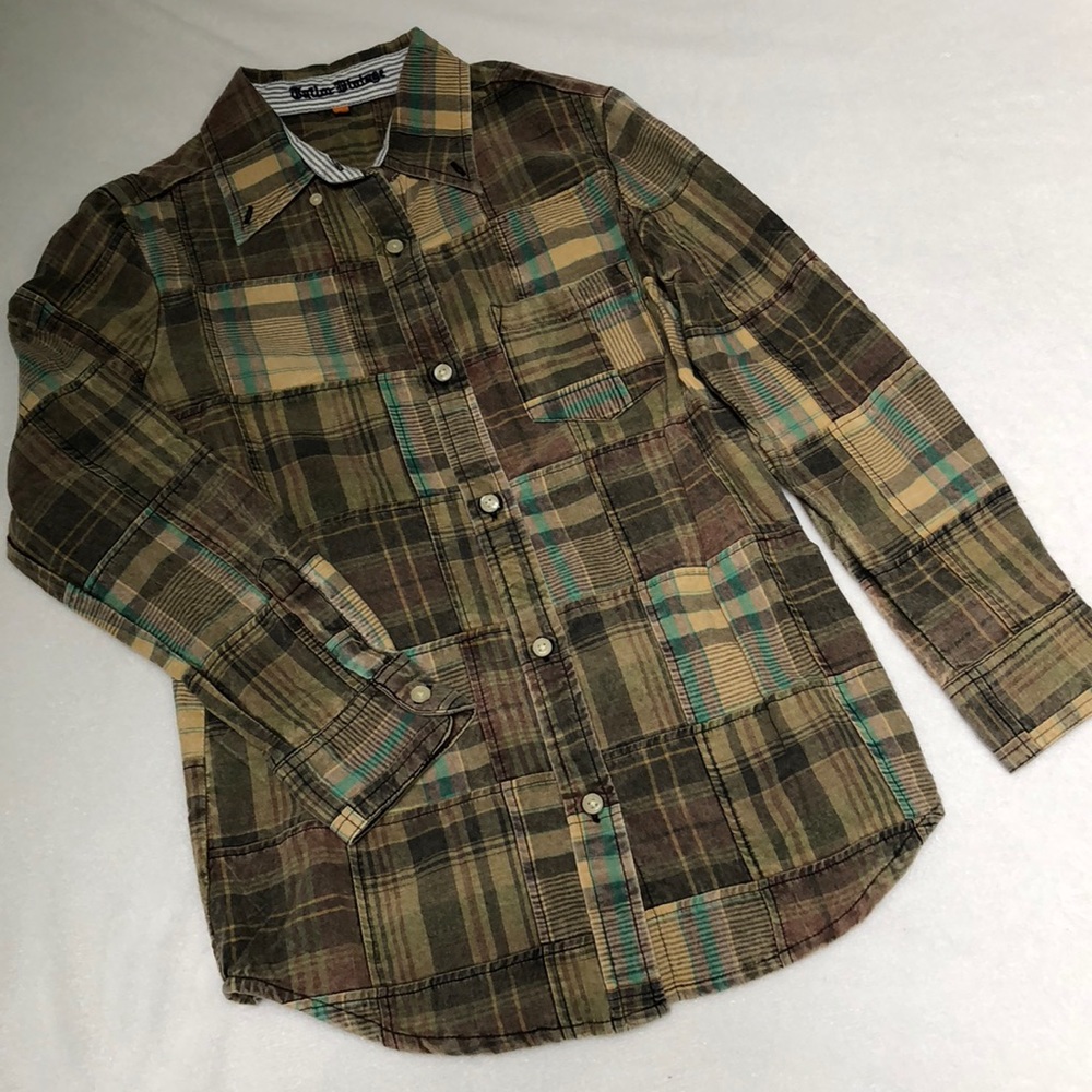 Plaid Patchwork Tan Green Button Down Shirt